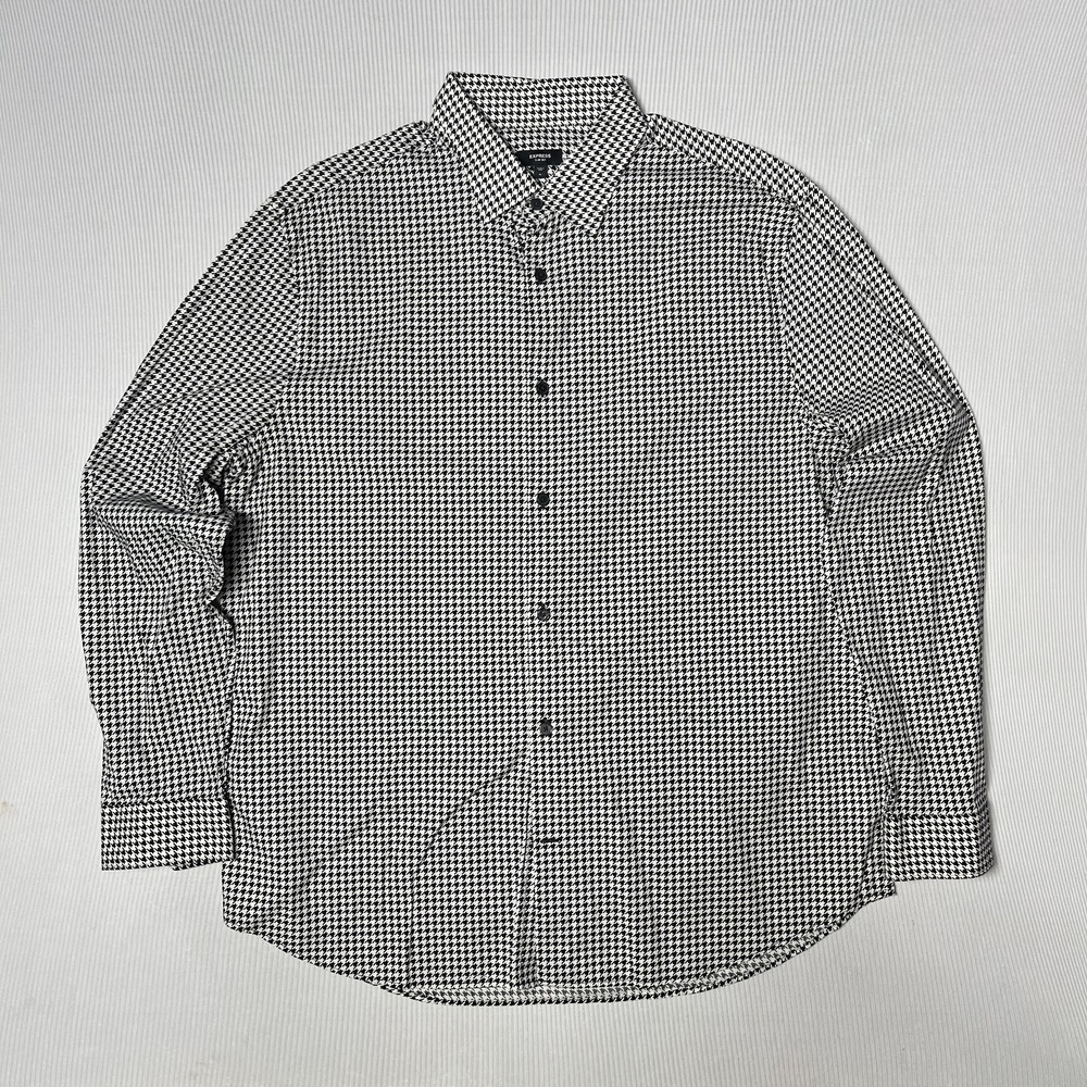 Express Dress Shirt Mens XL Black Houndstooth Slim 1MX Long Sleeve Button Front
